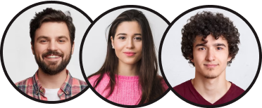 Three diverse individuals smiling in circular profile images